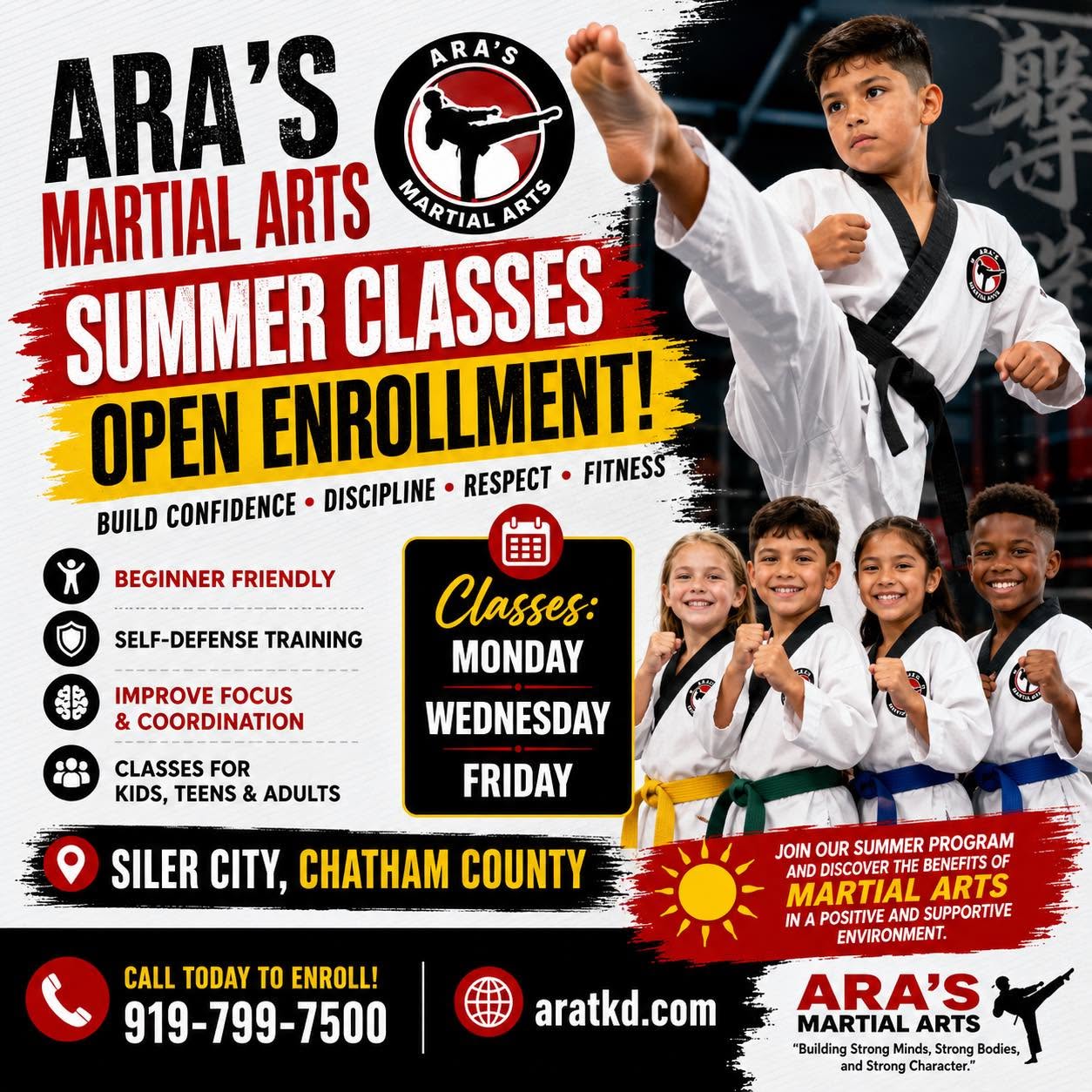 Ara's Martial Arts Summer Classes Open Enrollment — Mon, Wed, Fri in Siler City